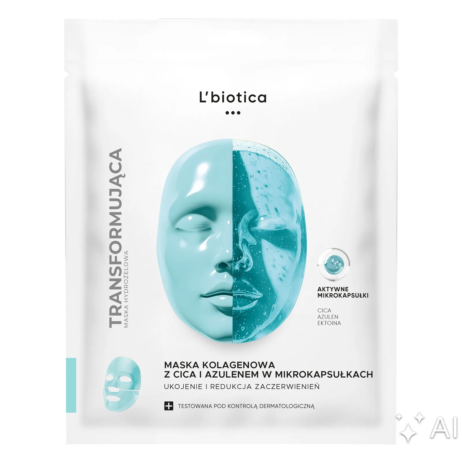 Masque au collagène L’Biotica avec CICA et azulène en microcapsules apaisant et réduisant la rougeur. 1 pièce.