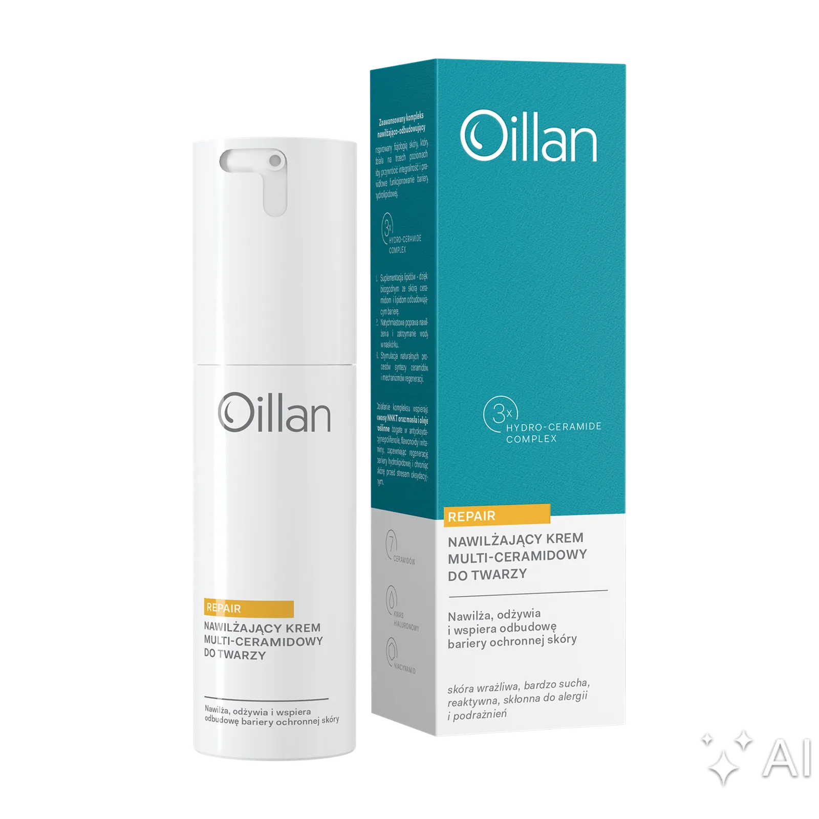 Oillan Repair Crème visage hydratante multi-céramides pour peaux sensibles et très sèches 50 ml